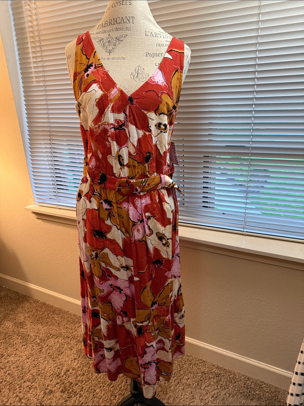 Nine West Red, Pink & Cream Floral Midi Dress with Belted Waist